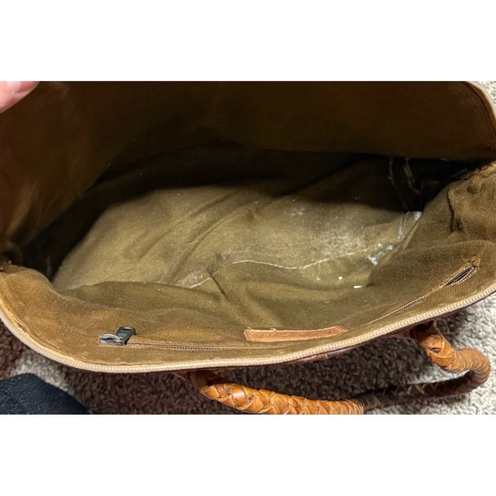 Vintage Fossil Brown Genuine Leather Croc Embossed Dome Handbag Braided Handles